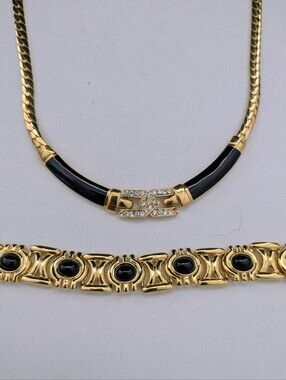 Vintage Gold Plated and Black CZ Accent Women's Necklace And Bracelet Set